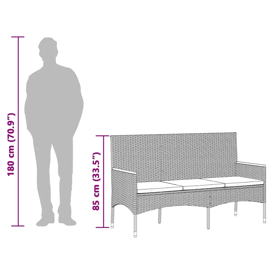 Banc de jardin à 3 places avec coussins noir résine tressée - 9