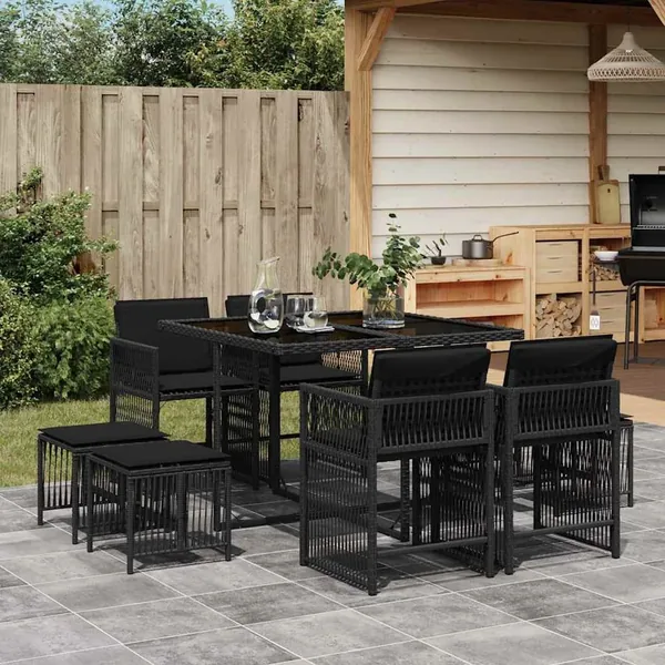 Ensemble à manger de jardin 9pcs coussins noir résine tressée