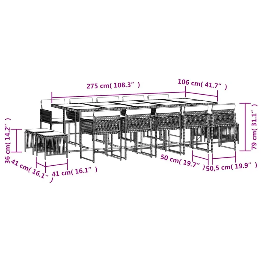 Ensemble à manger de jardin 15 pcs coussins noir résine tressée - 6