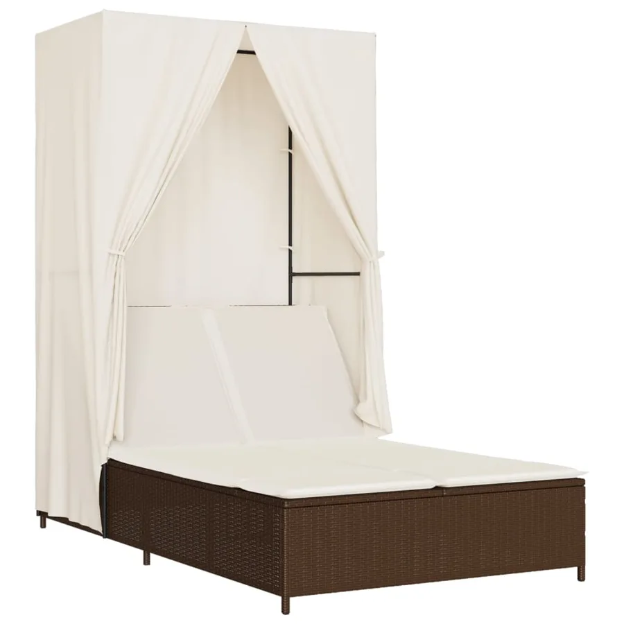 Chaise longue double avec toit et rideaux marron résine tressée - 2