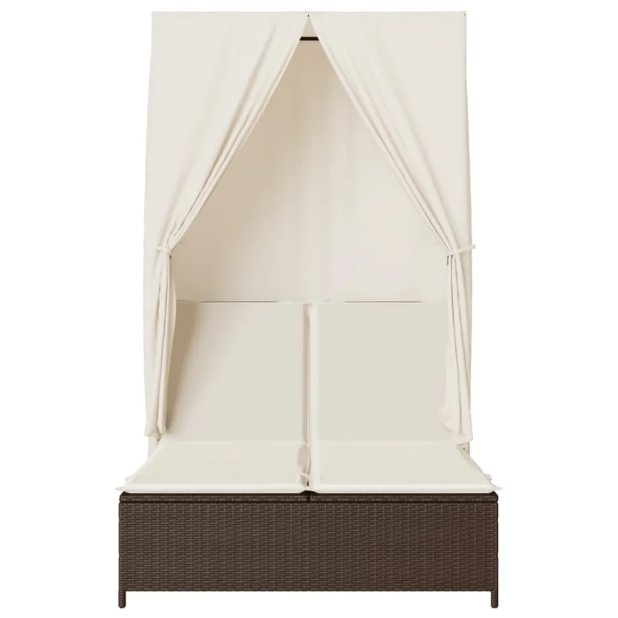 Chaise longue double avec toit et rideaux marron résine tressée - 4