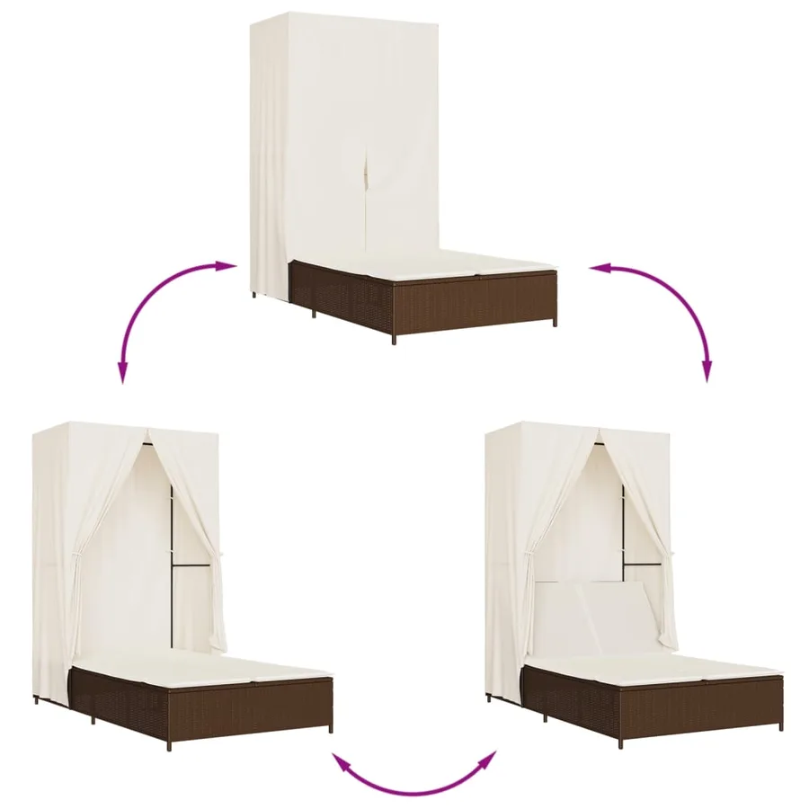 Chaise longue double avec toit et rideaux marron résine tressée - 7