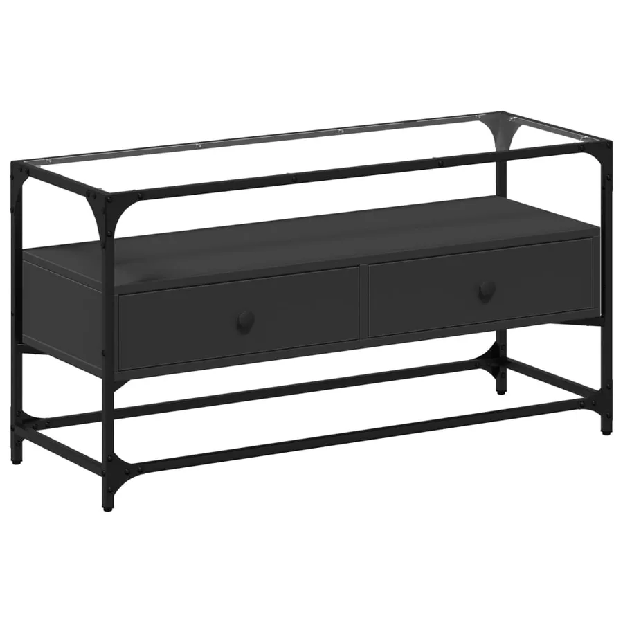 Meuble TV et dessus en verre noir 80x35x51 cm bois d'ingénierie - 2