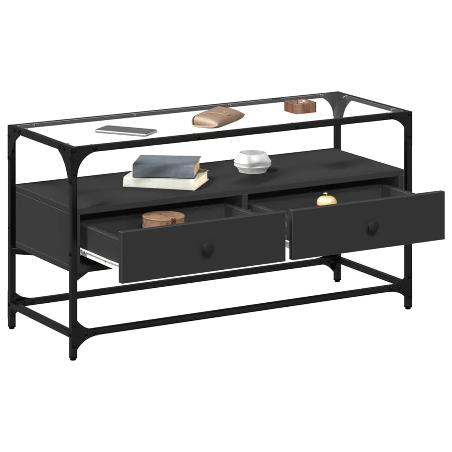 Meuble TV et dessus en verre noir 80x35x51 cm bois d'ingénierie - 3