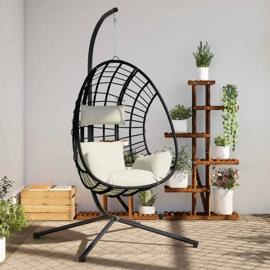 Chaise suspendue en forme d'œuf et support beige rotin et acier