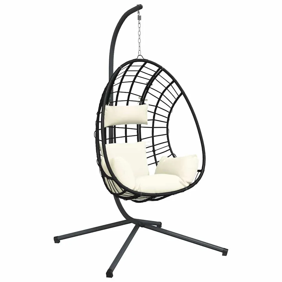 Chaise suspendue en forme d'œuf et support beige rotin et acier - 2