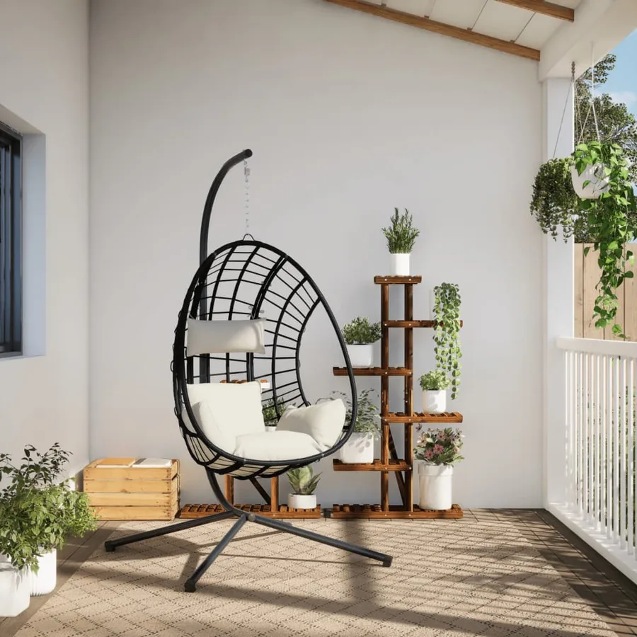 Chaise suspendue en forme d'œuf et support beige rotin et acier - 3