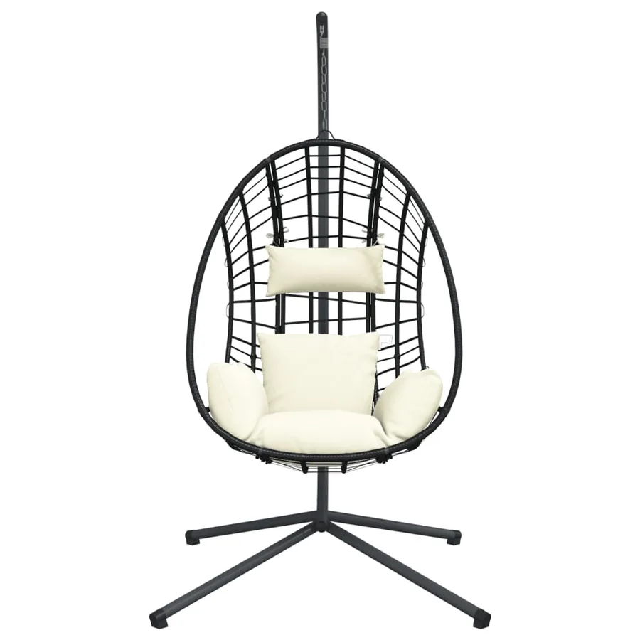 Chaise suspendue en forme d'œuf et support beige rotin et acier - 4