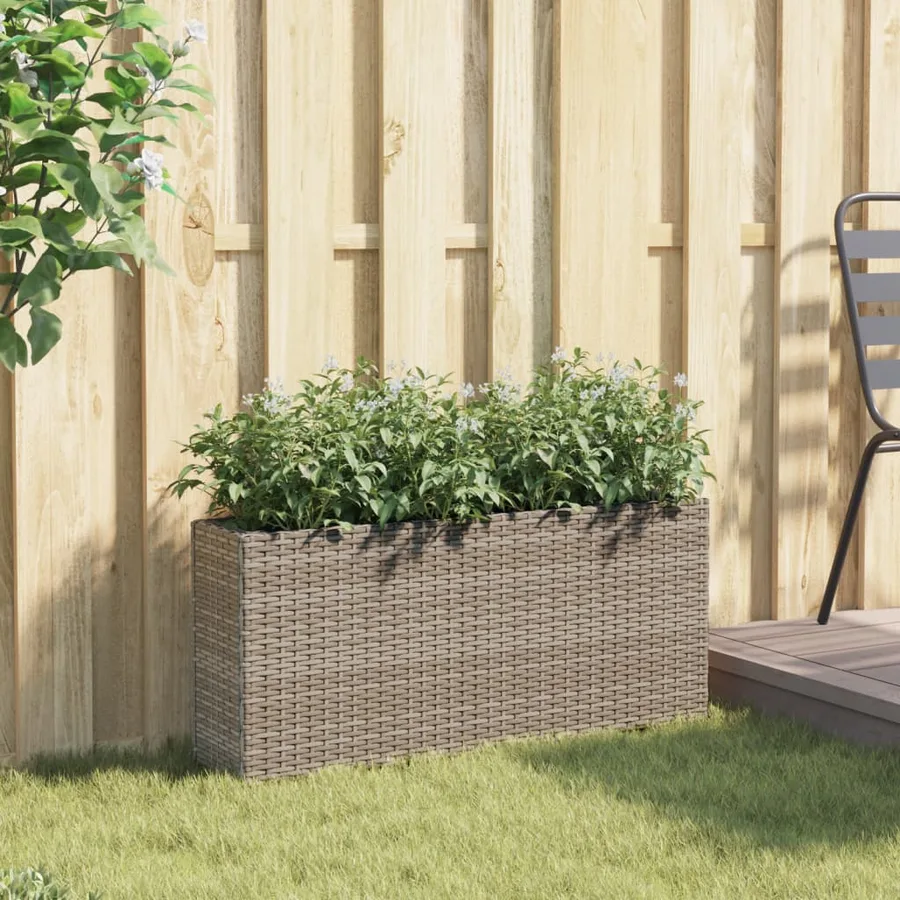 Jardinière avec 2 pots gris 90x20x40 cm résine tressée - 3