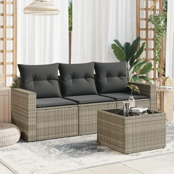 Salon de jardin 4 pcs avec coussins gris clair résine tressée