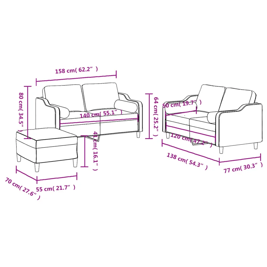 Ensemble de canapés 3 pcs avec coussins marron tissu - 10