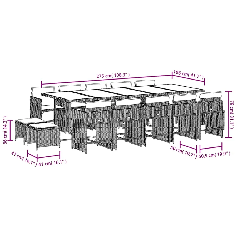 Ensemble à manger de jardin 15 pcs coussins noir résine tressée - 11