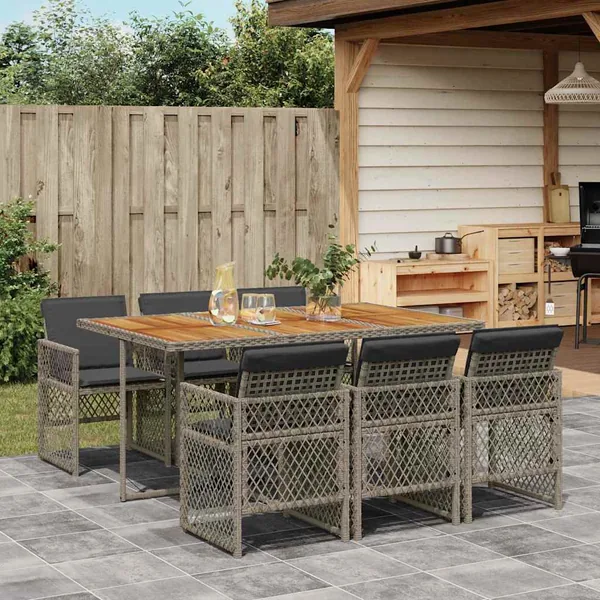 Ensemble à manger de jardin et coussins 7 pcs gris rotin