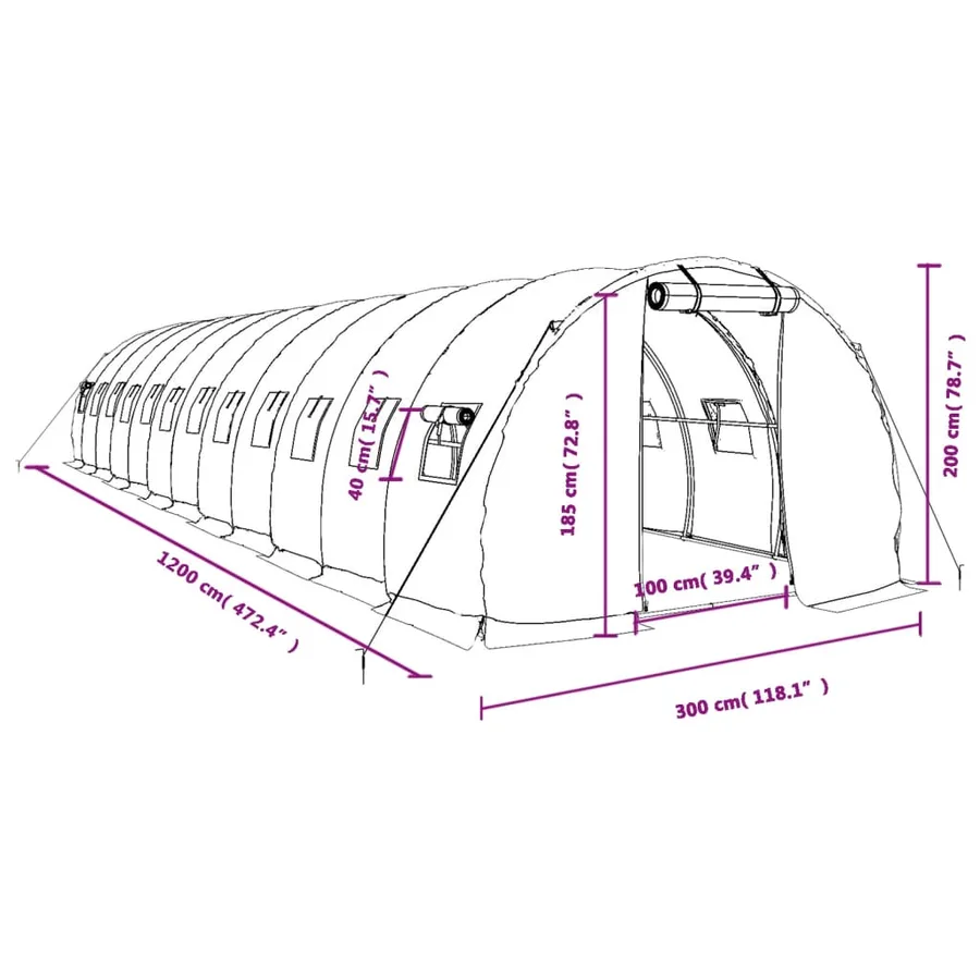 Serre avec cadre en acier vert 36 m² 12x3x2 m - 12