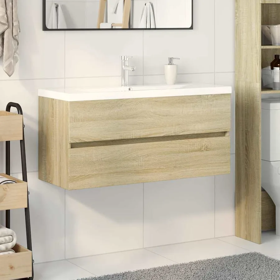 Ensemble de meubles de bain 2pcs céramique et bois d'ingénierie - 3