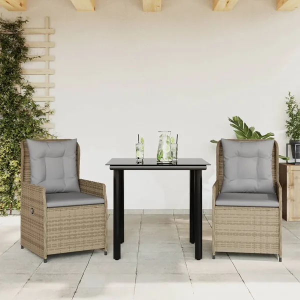 Ensemble à manger de jardin et coussins 3 pcs Beige poly rotin