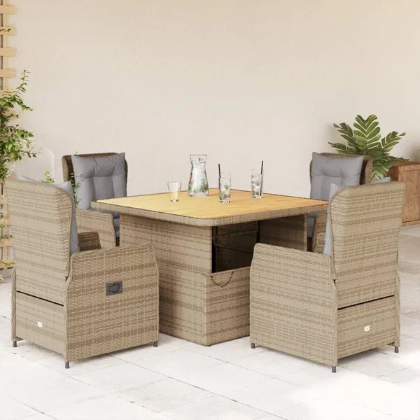Ensemble à manger de jardin avec coussins 5pcs Beige poly rotin