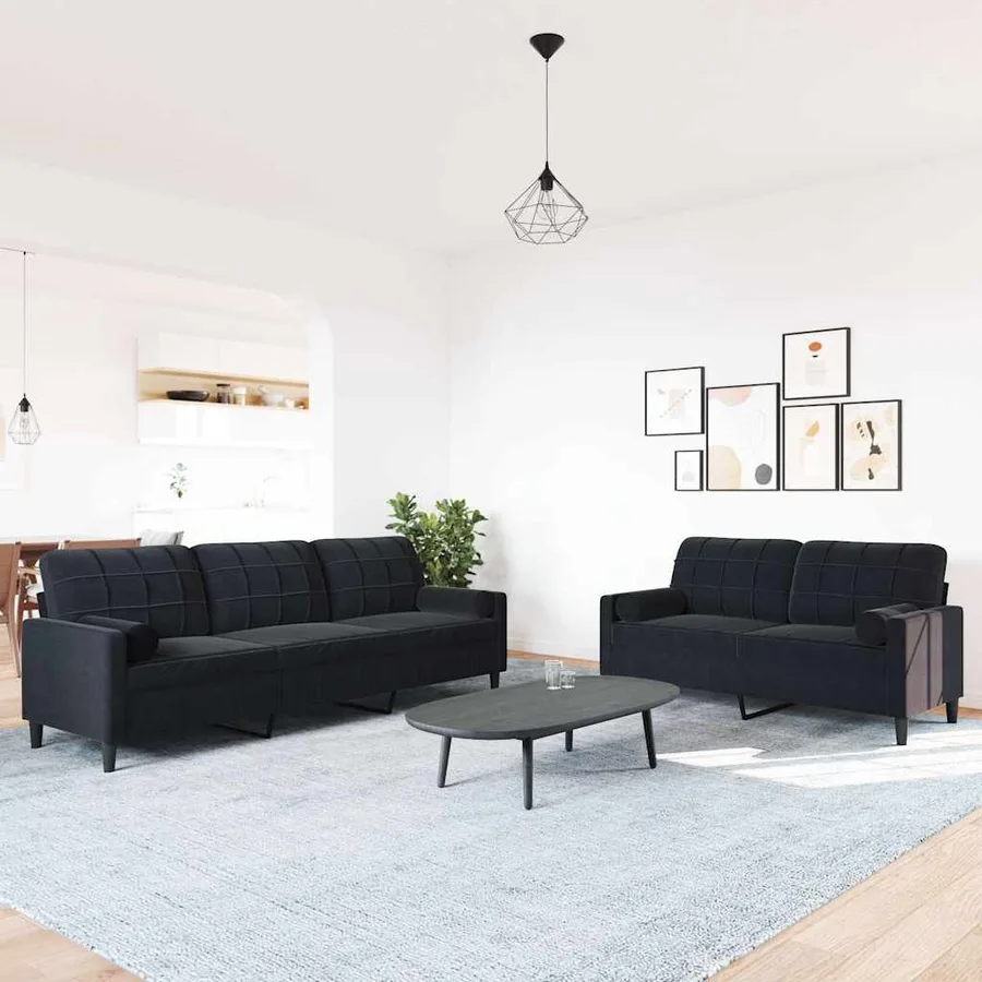 Ensemble de canapés 2pcs et coussins et traversins noir velours - 3