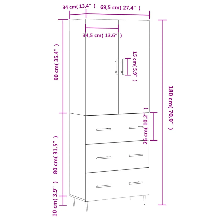Buffet haut Gris béton 69,5x34x180 cm Bois d'ingénierie - 14