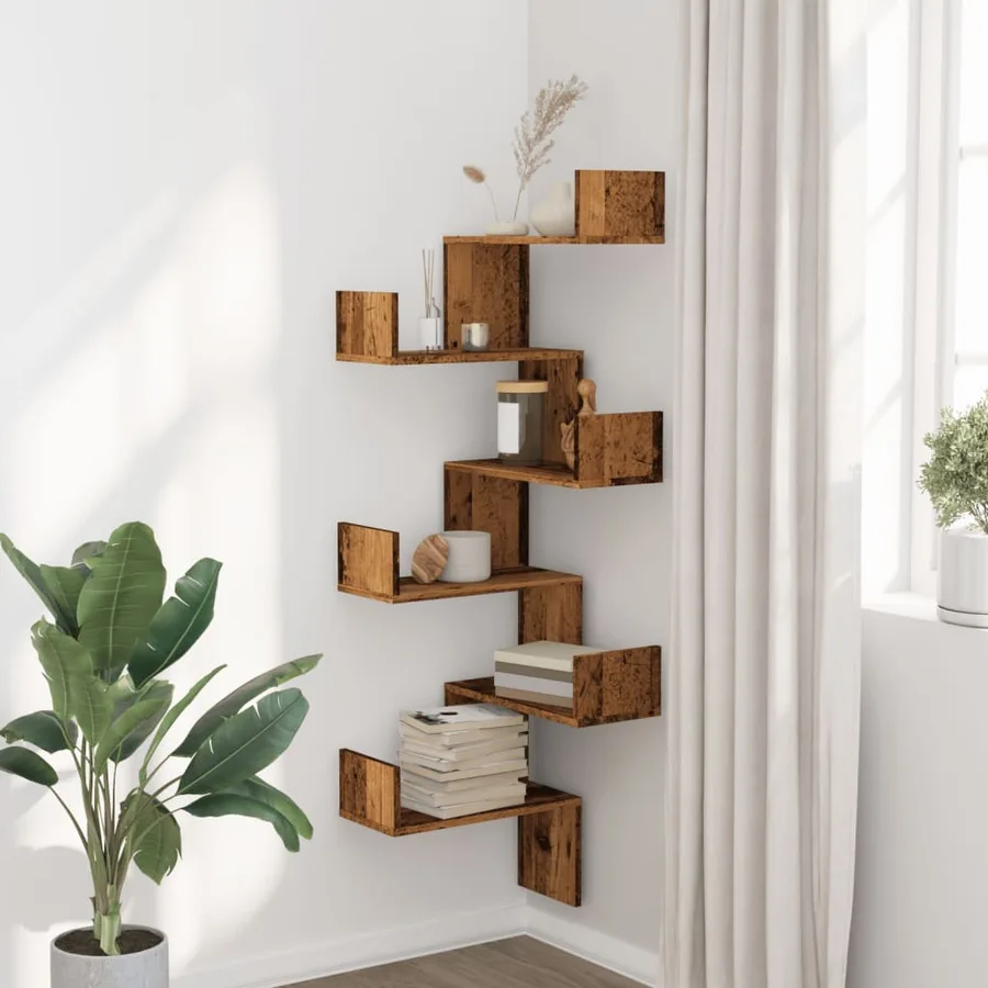 Étagère d'angle murale vieux bois 45x45x147cm bois d'ingénierie - 3