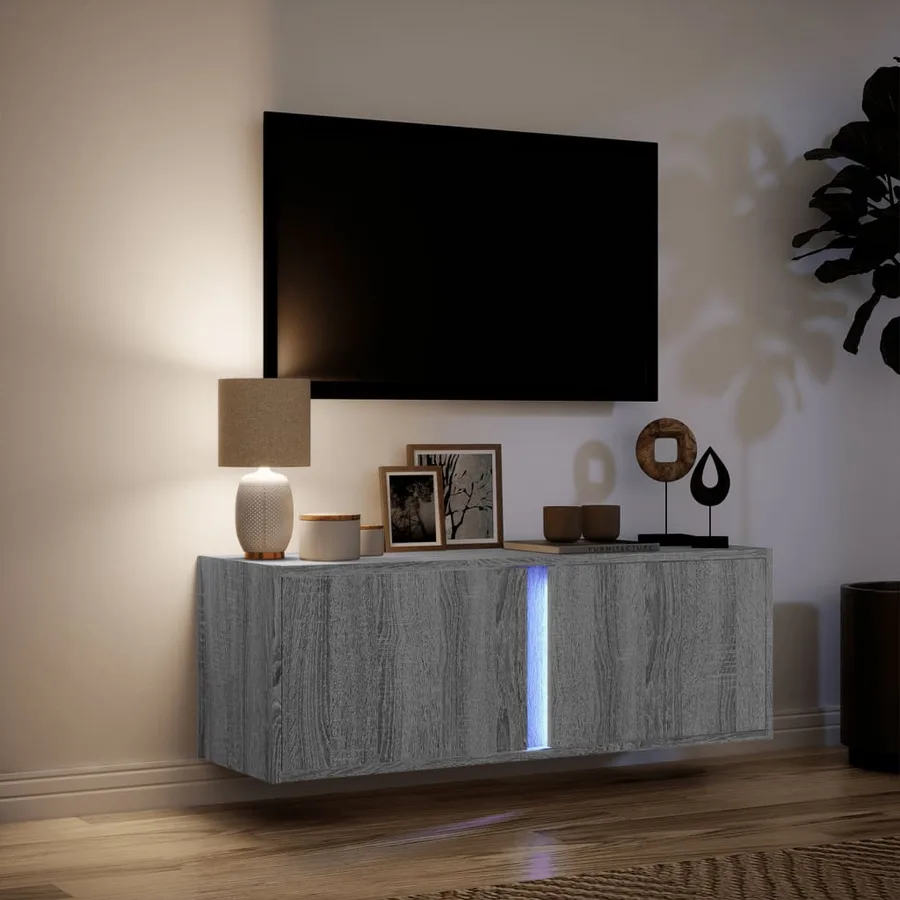 Meuble TV mural avec lumières LED sonoma gris 100x31x35 cm - 5