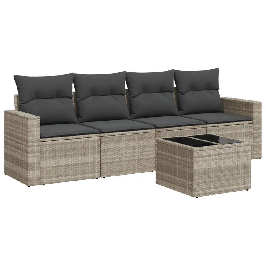 Salon de jardin 5 pcs avec coussins gris clair résine tressée - 2