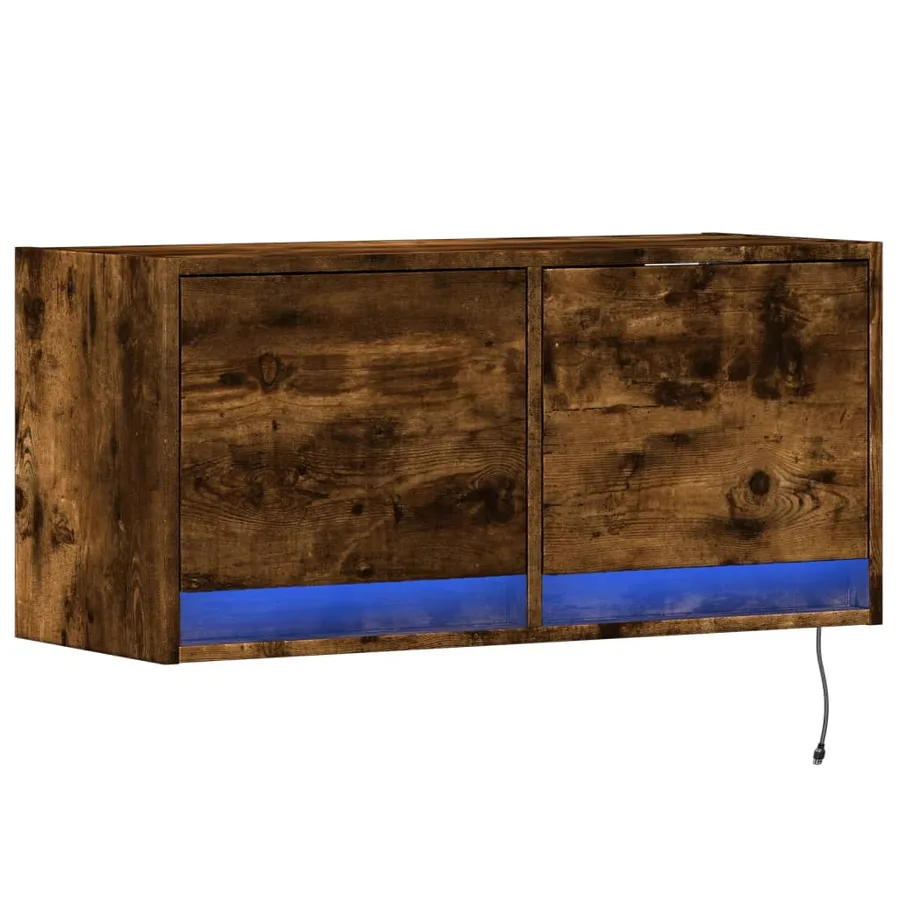 Meuble TV mural avec lumières LED chêne fumé 80x31x35 cm - 3