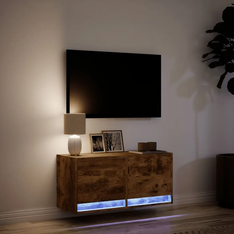 Meuble TV mural avec lumières LED chêne fumé 80x31x35 cm - 5