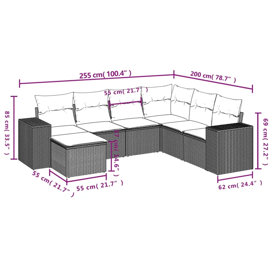 Salon de jardin avec coussins 7 pcs gris clair résine tressée - 3