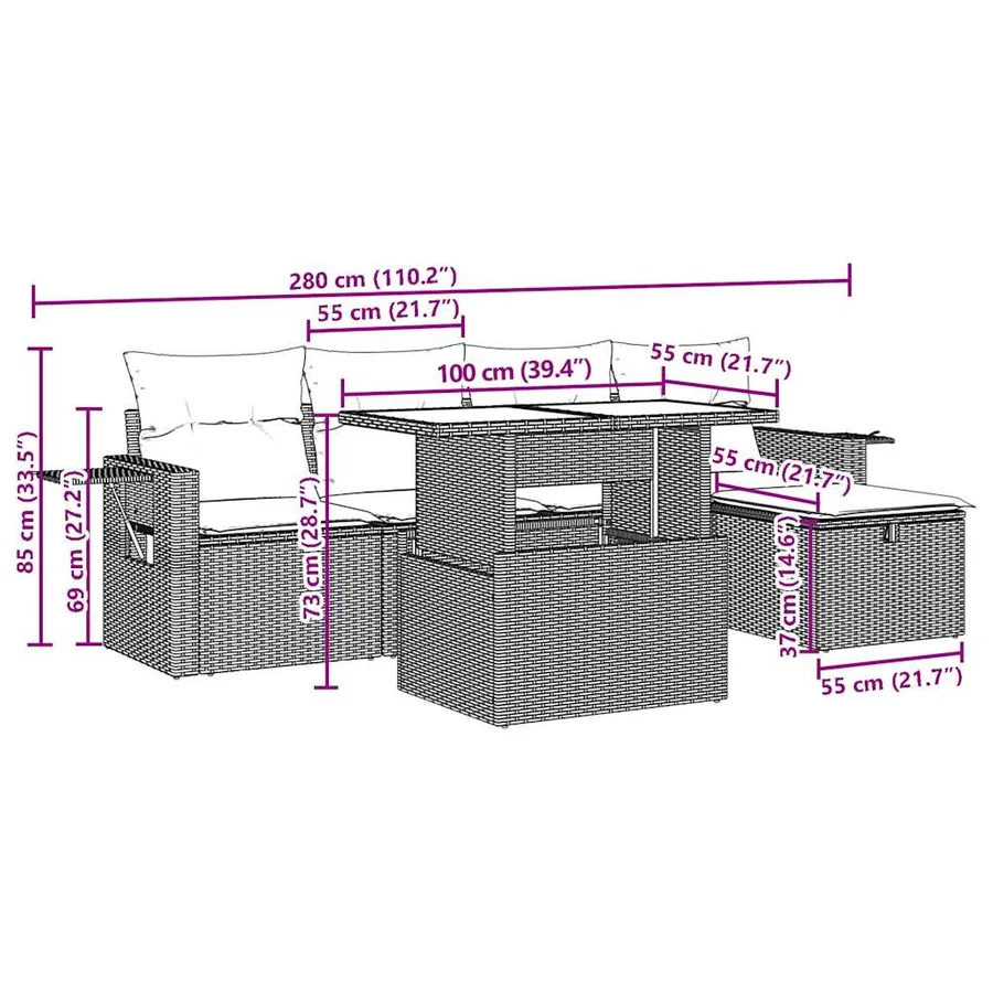 Salon de jardin 6 pcs avec coussins gris clair résine tressée - 13