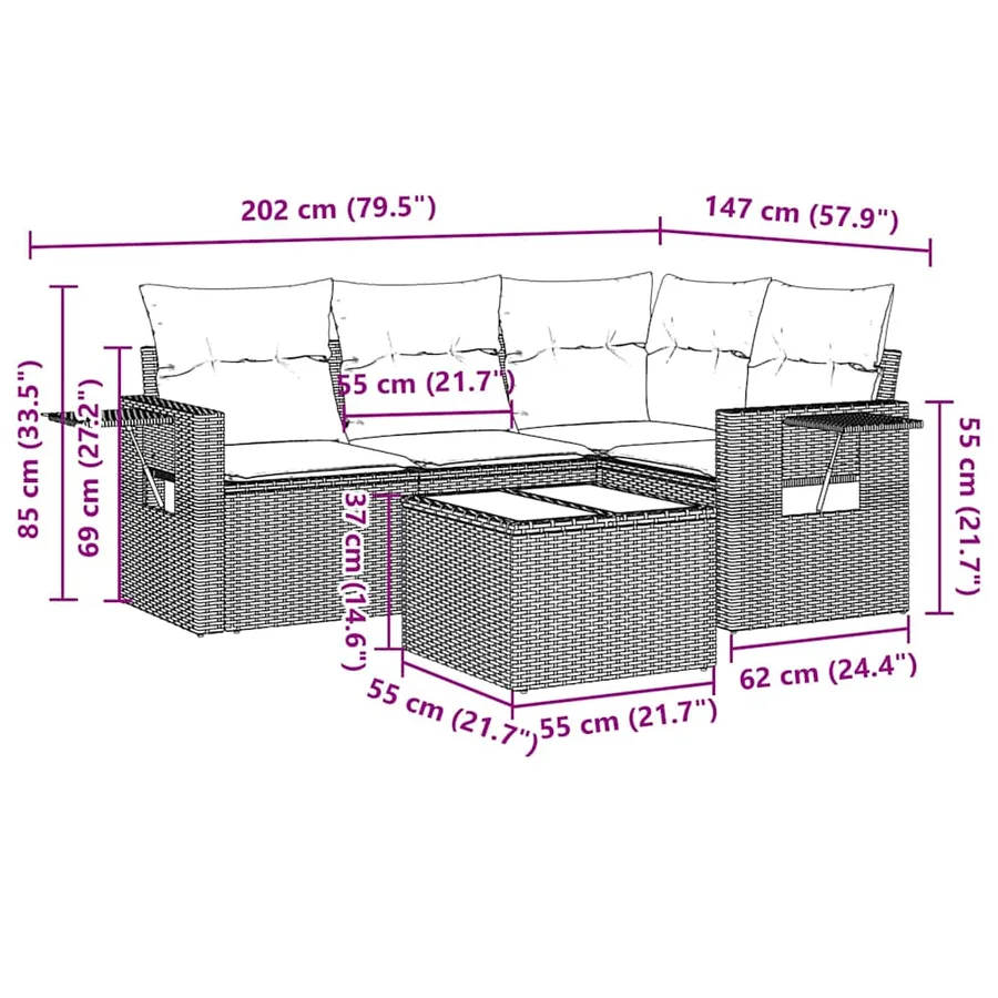Salon de jardin 5 pcs avec coussins gris clair résine tressée - 9