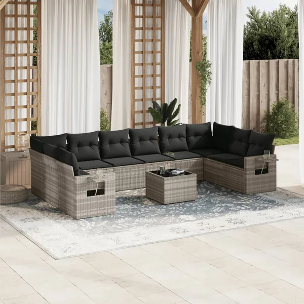 Salon de jardin 11 pcs avec coussins gris clair résine tressée