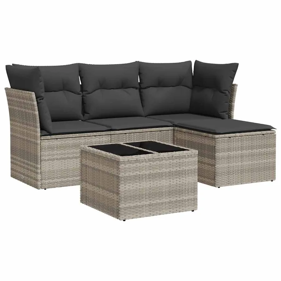 Salon de jardin 5 pcs avec coussins gris clair résine tressée - 2