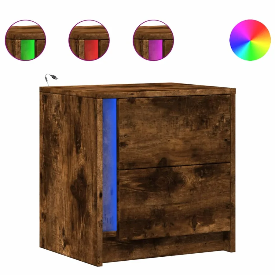 Armoires de chevet et lumières LED 2 pcs chêne fumé - 2