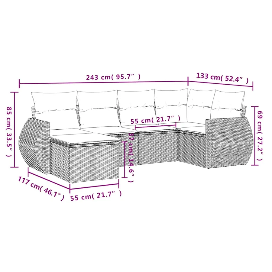 Salon de jardin 6 pcs avec coussins gris clair résine tressée - 8