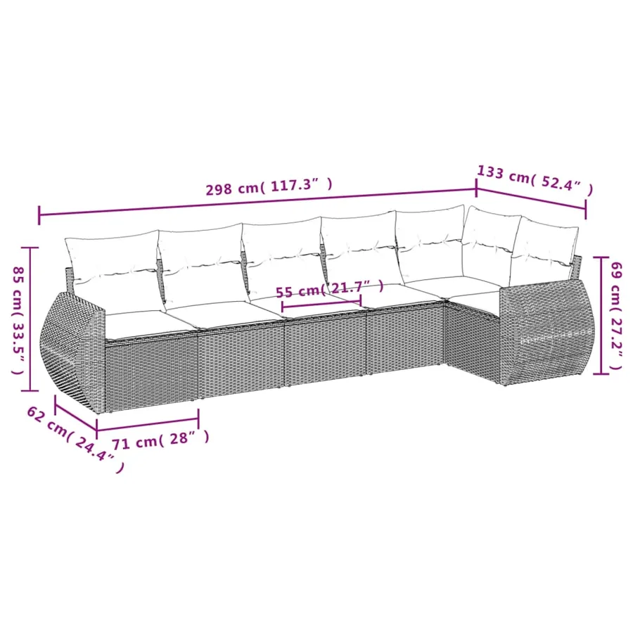 Salon de jardin 6 pcs avec coussins gris clair résine tressée - 7