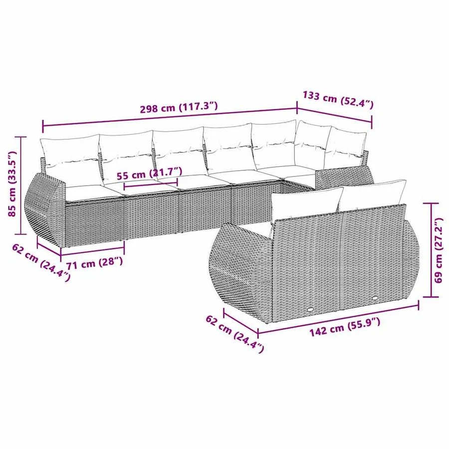 Salon de jardin 8 pcs avec coussins gris clair résine tressée - 7