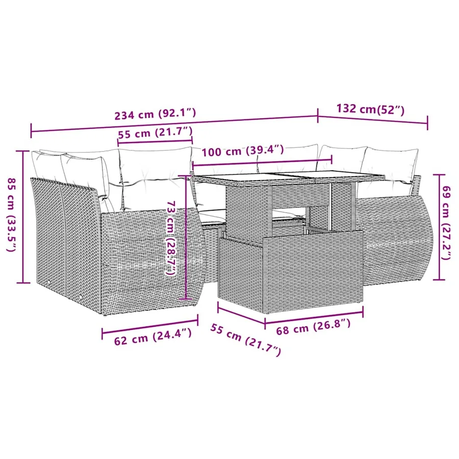 Salon de jardin avec coussins 7 pcs gris clair résine tressée - 10