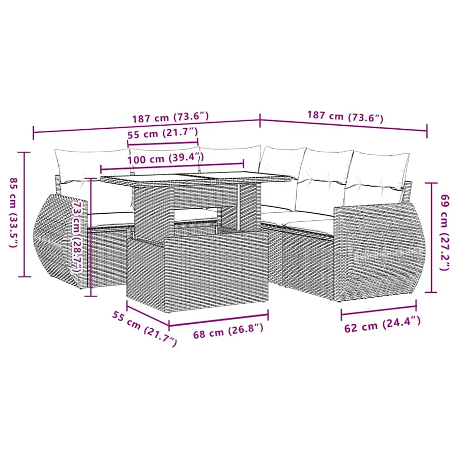 Salon de jardin 6 pcs avec coussins gris clair résine tressée - 10