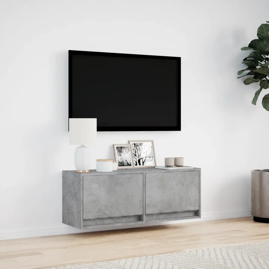 Meuble TV mural avec lumières LED gris béton 100x31x35 cm - 4