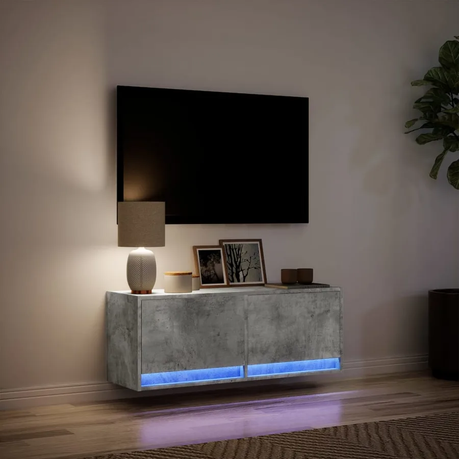 Meuble TV mural avec lumières LED gris béton 100x31x35 cm - 5