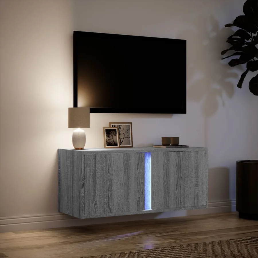 Meuble TV mural avec lumières LED sonoma gris 80x31x35 cm - 5