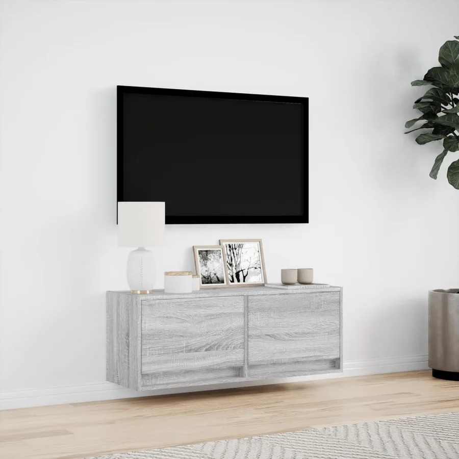Meuble TV mural avec lumières LED sonoma gris 100x31x35 cm - 4
