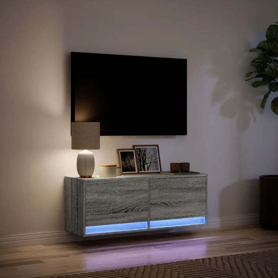 Meuble TV mural avec lumières LED sonoma gris 100x31x35 cm - 5