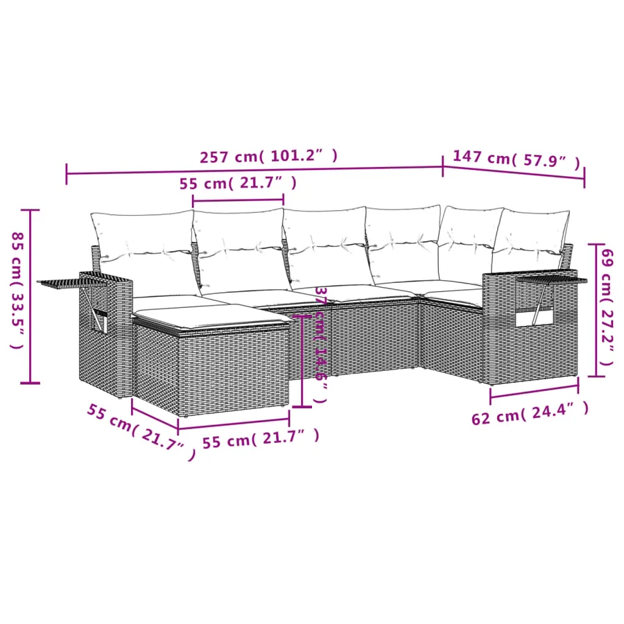 Salon de jardin 6 pcs avec coussins gris clair résine tressée - 3