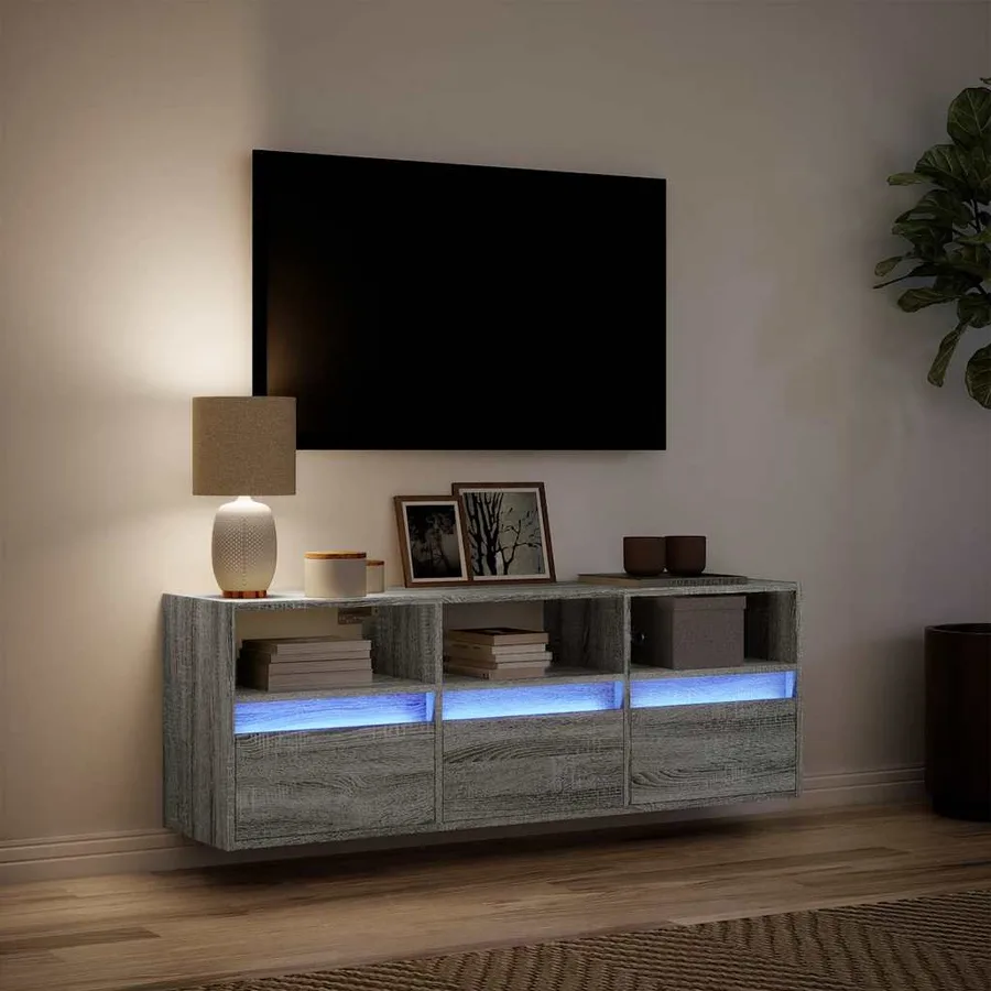 Meuble TV mural avec lumières LED sonoma gris 130x31x45 cm - 5
