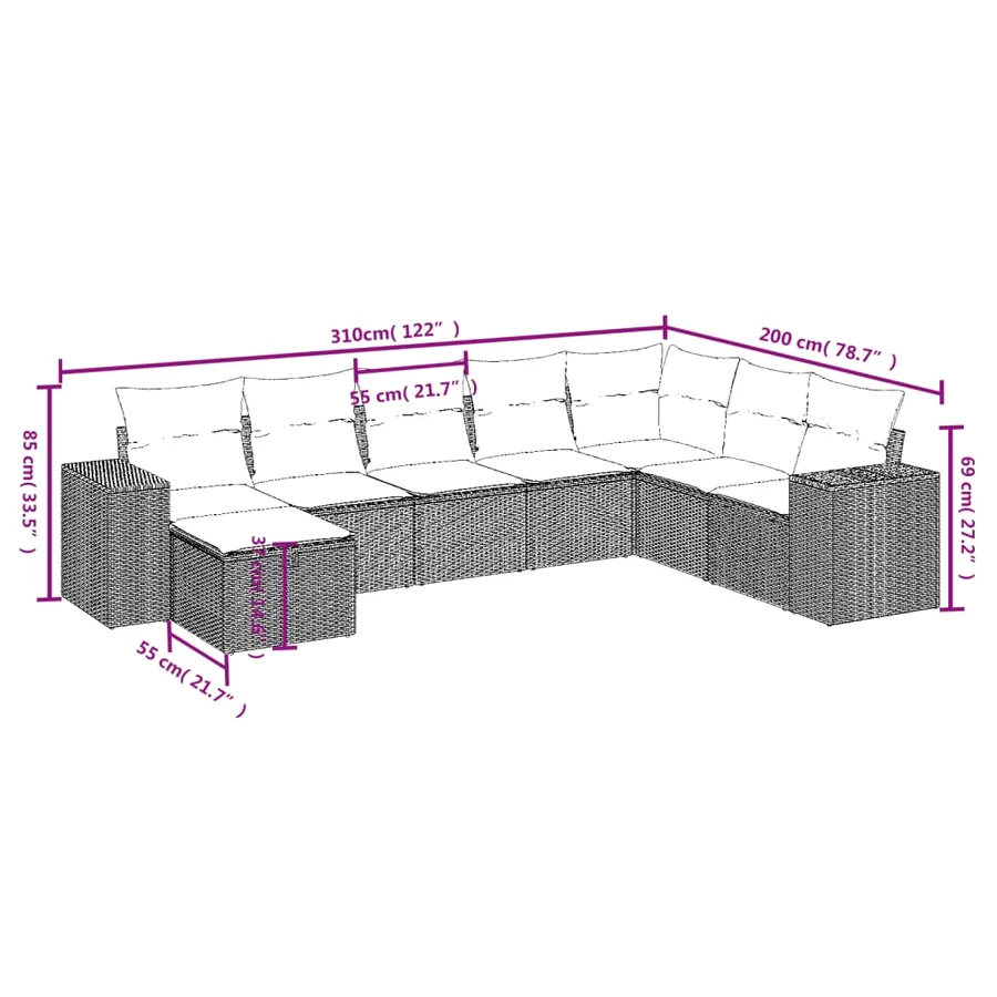 Salon de jardin 8 pcs avec coussins gris clair résine tressée - 4