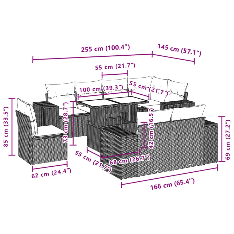 Salon de jardin 9 pcs avec coussins gris clair résine tressée - 10