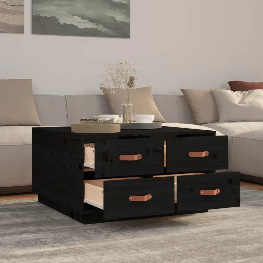 Table basse Noir 80x80x45 cm Bois massif de pin - 4