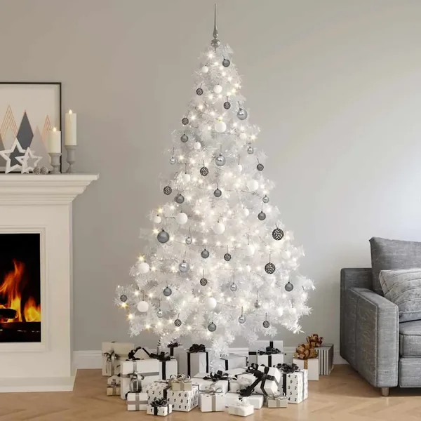 Demi-arbre de Noël artificiel pré-éclairé et boules blanc 210cm